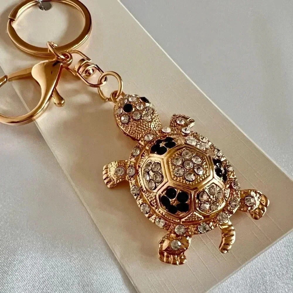 Turtle Key Chain Or Bag Charm Black/White Crystal Rhinestone Gold Tone Hardware - Picture 3 of 6